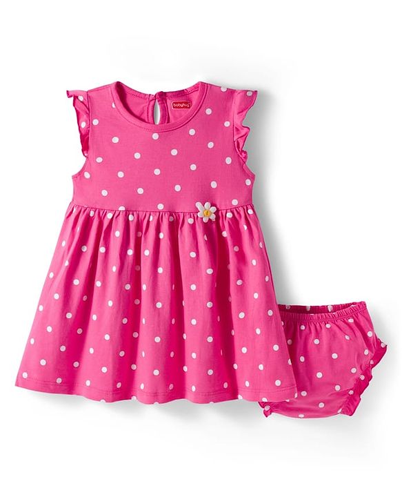 Babyhug 100% Cotton Knit Sleeveless Polka Dots Printed & Floral Applique Frock With Bloomer - Pink