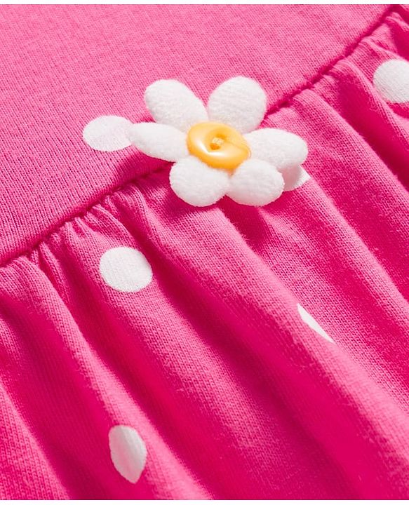 Babyhug 100% Cotton Knit Sleeveless Polka Dots Printed & Floral Applique Frock With Bloomer - Pink