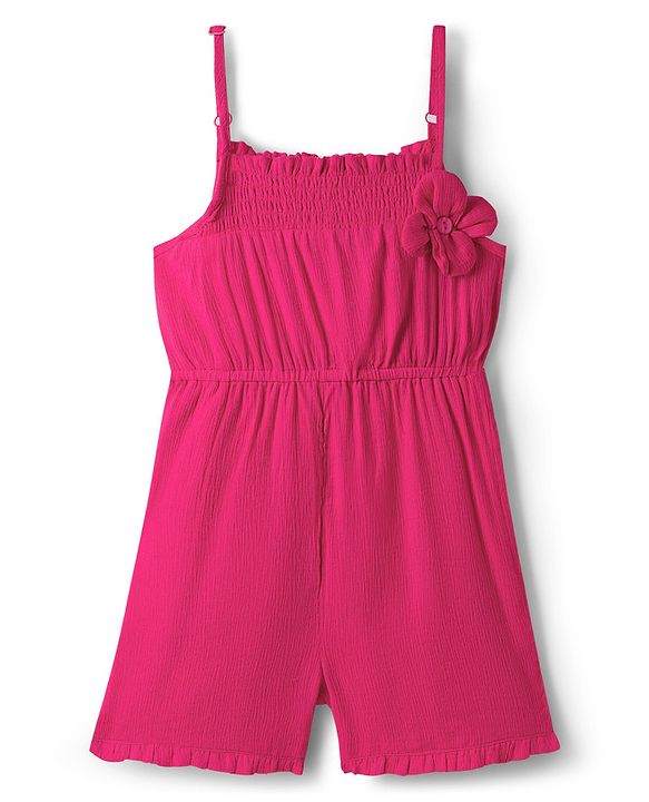 Pine Kids Viscose Cotton Woven Sleeveless Solid Colour Jumpsuit with Floral Applique - Fuschia