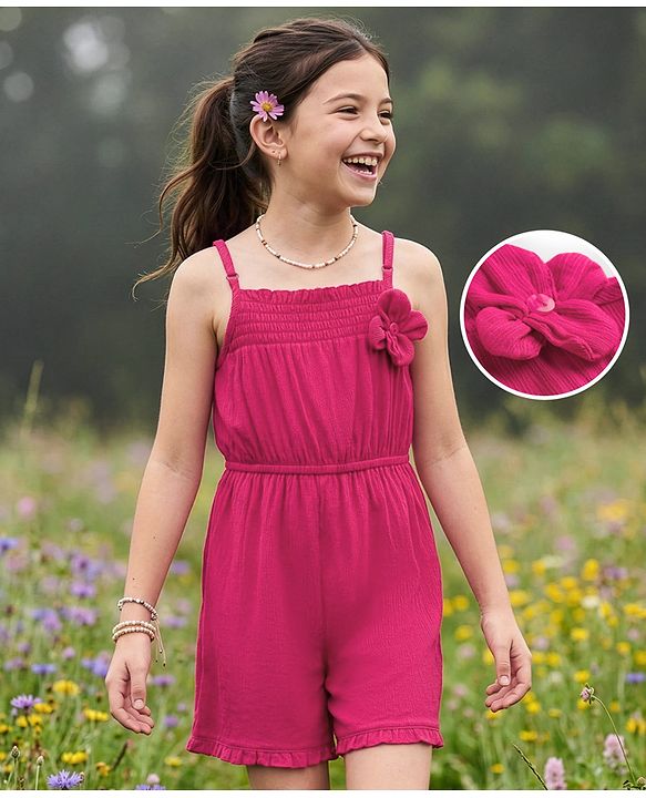 Pine Kids Viscose Cotton Woven Sleeveless Solid Colour Jumpsuit with Floral Applique - Fuschia