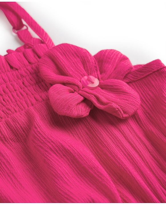 Pine Kids Viscose Cotton Woven Sleeveless Solid Colour Jumpsuit with Floral Applique - Fuschia