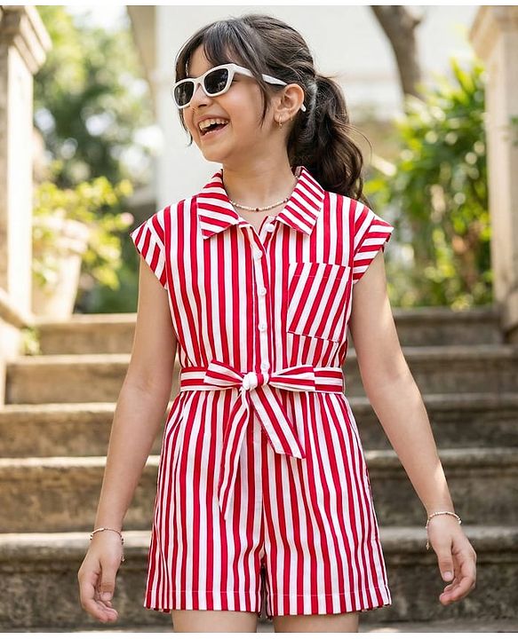Pine Kids Poplin Woven Sleeveless Striped Jumpsuit - Red