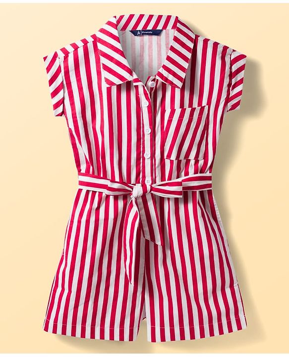 Pine Kids Poplin Woven Sleeveless Striped Jumpsuit - Red