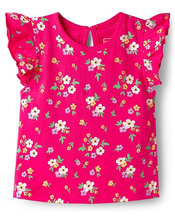 Babyhug Cotton Knit Half Frill Sleeves T-Shirts with Floral Graphics Pack of 3 - Dark Pink White & Yellow