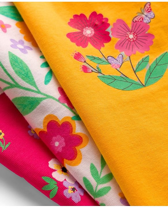 Babyhug Cotton Knit Half Frill Sleeves T-Shirts with Floral Graphics Pack of 3 - Dark Pink White & Yellow