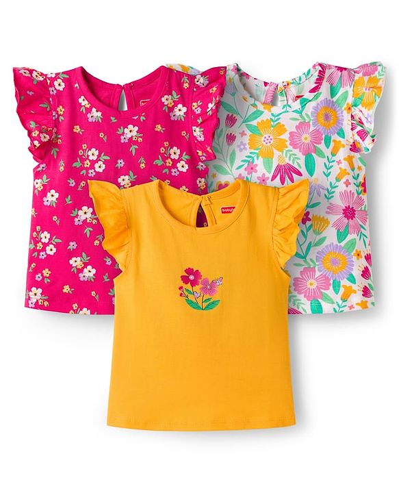 Babyhug Cotton Knit Half Frill Sleeves T-Shirts with Floral Graphics Pack of 3 - Dark Pink White & Yellow
