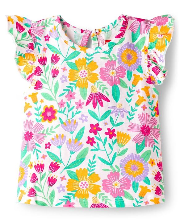 Babyhug Cotton Knit Half Frill Sleeves T-Shirts with Floral Graphics Pack of 3 - Dark Pink White & Yellow
