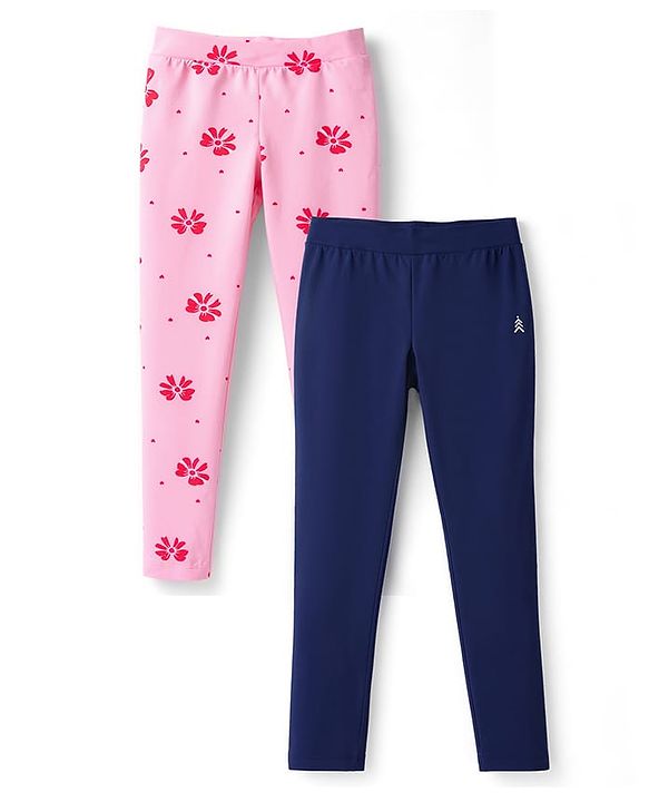 Pine Kids Cotton Lycra Knit Full Length Floral Printed Leggings With Stretch Pack Of 2 - Navy Blue & Pink