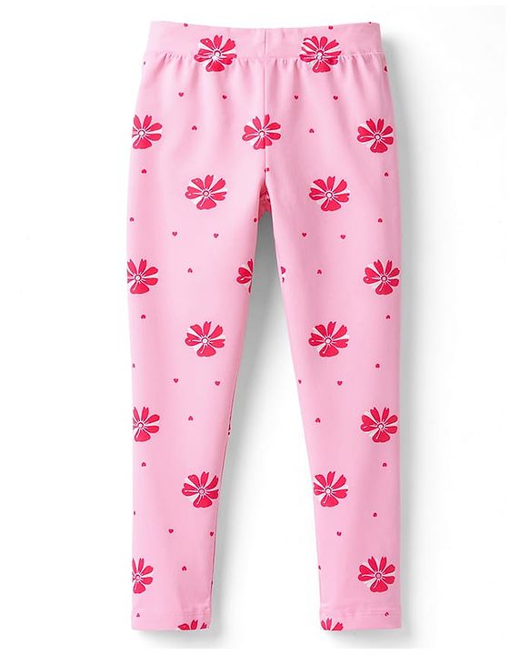 Pine Kids Cotton Lycra Knit Full Length Floral Printed Leggings With Stretch Pack Of 2 - Navy Blue & Pink