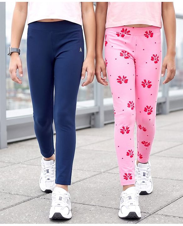 Pine Kids Cotton Lycra Knit Full Length Floral Printed Leggings With Stretch Pack Of 2 - Navy Blue & Pink