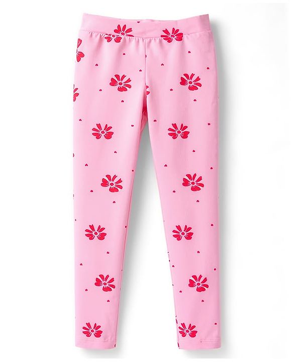 Pine Kids Cotton Lycra Knit Full Length Floral Printed Leggings With Stretch Pack Of 2 - Navy Blue & Pink