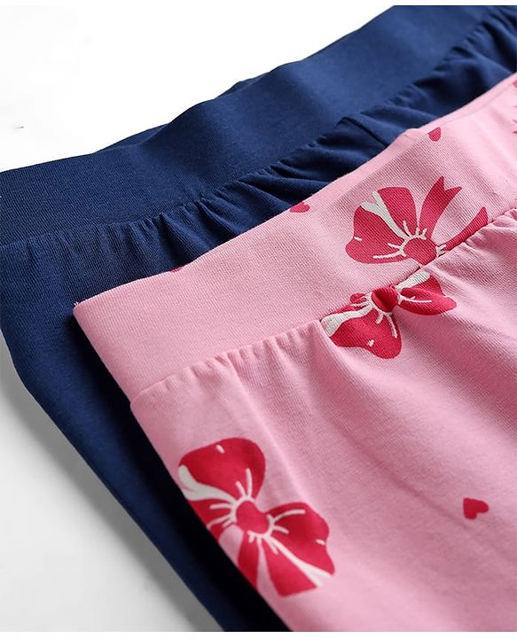 Pine Kids Cotton Lycra Knit Full Length Floral Printed Leggings With Stretch Pack Of 2 - Navy Blue & Pink