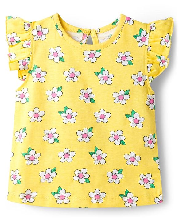 Babyhug Cotton Knit Half Frill Sleeves T-Shirts with Floral Graphics Pack of 3 - Pink Light Blue & Light Yellow