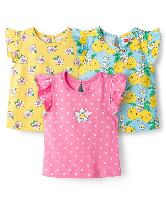 Babyhug Cotton Knit Half Frill Sleeves T-Shirts with Floral Graphics Pack of 3 - Pink Light Blue & Light Yellow