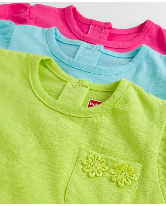 Babyhug 100% Cotton Knit Half Sleeves T-Shirts With Floral Applique Pack Of 3 - Multicolour