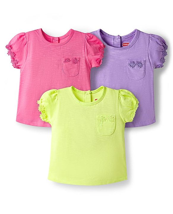Babyhug 100% Cotton Half Sleeves T-Shirts With Floral Applique Pack Of 3 - Multicolour