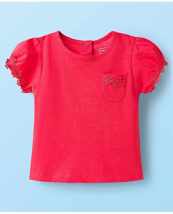 Babyhug Cotton Knit Half Sleeves Solid T-Shirts with Floral Applique Pack of 3 - Red Navy Blue & White