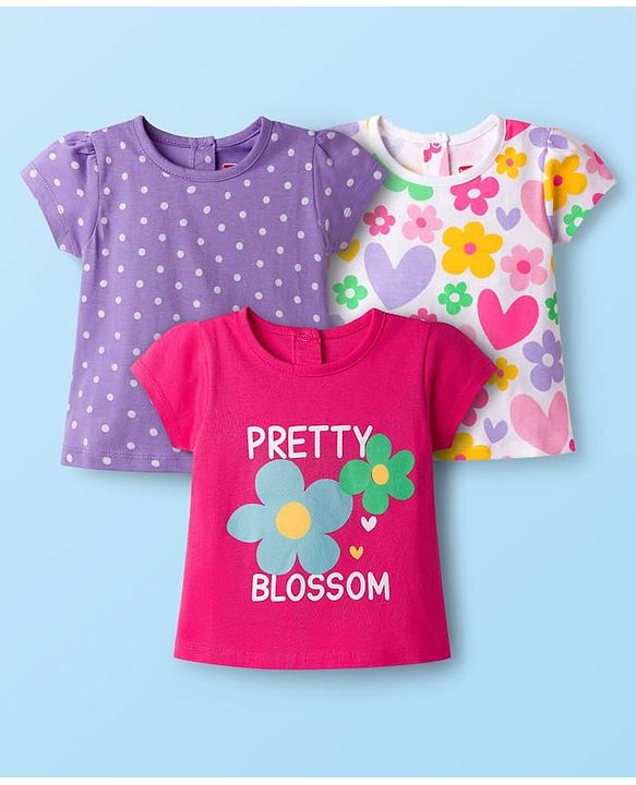 Babyhug 100% Cotton Knit Half Sleeves Floral Hearts & Polka Dots Printed T-Shirts Pack Of 3 - Multicolour
