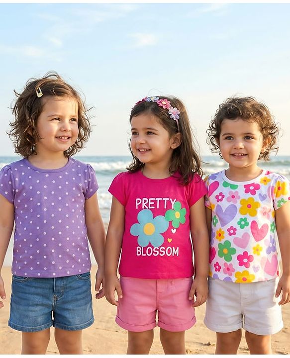 Babyhug 100% Cotton Knit Half Sleeves Floral Hearts & Polka Dots Printed T-Shirts Pack Of 3 - Multicolour