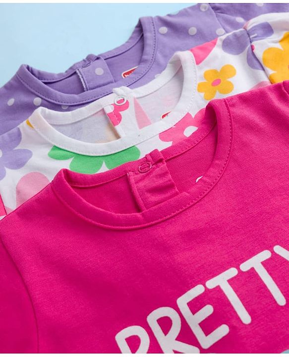 Babyhug 100% Cotton Knit Half Sleeves Floral Hearts & Polka Dots Printed T-Shirts Pack Of 3 - Multicolour