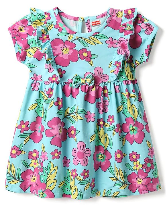 Babyhug Cotton Knit One Piece Frocks Half Sleeves Floral Print Light Blue 3-6 Months