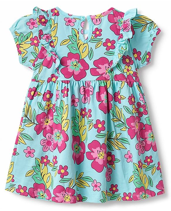 Babyhug Cotton Knit One Piece Frocks Half Sleeves Floral Print Light Blue 3-6 Months