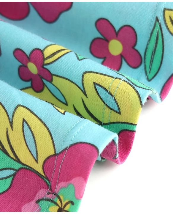 Babyhug Cotton Knit One Piece Frocks Half Sleeves Floral Print Light Blue 3-6 Months