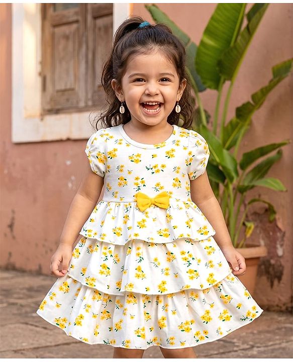 Babyhug Cotton Woven One Piece Frocks and Dresses Half Sleeves Tiered Floral Print Red 3-6 Months