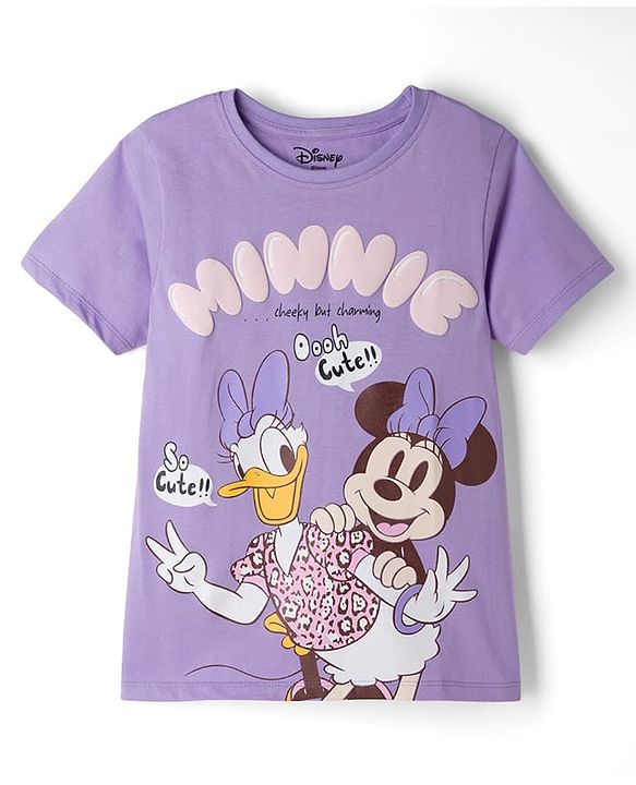 Pine Kids Disney 100% Cotton Knit Half Sleeves T-Shirt With Minnie & Daisy Graphic & Puff Print Detailing - Lavender