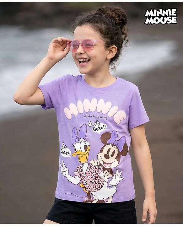 Pine Kids Disney 100% Cotton Knit Half Sleeves T-Shirt With Minnie & Daisy Graphic & Puff Print Detailing - Lavender