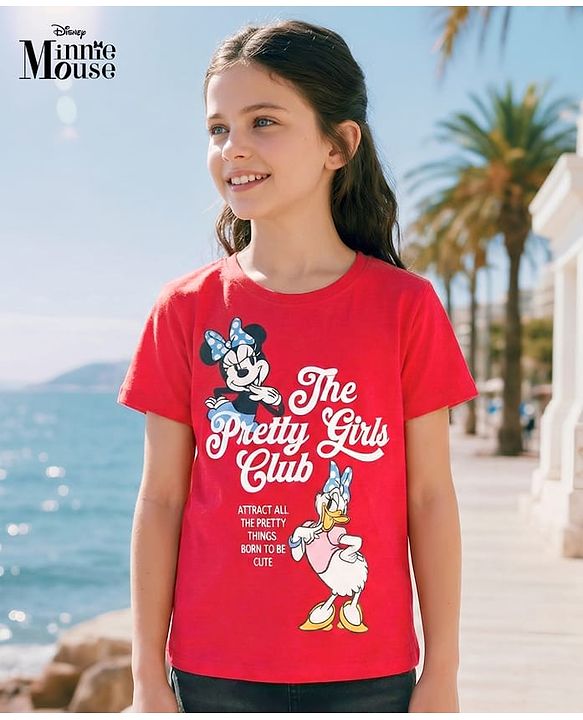 Pine Kids Disney 100% Cotton Knit Half Sleeves T-Shirt With Front & Back Minnie & Daisy Graphic - Red