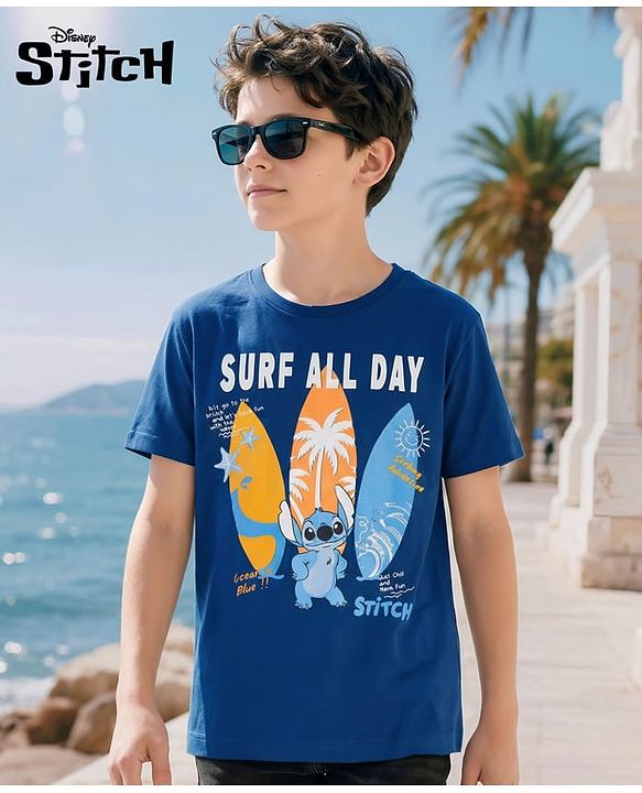 Pine Kids Disney Single Jersey Knit Half Sleeves T-Shirt with Stitch Graphic - Navy Blue