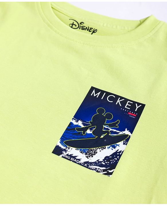 Pine Kids Disney 100% Cotton Knit Half Sleeves T-Shirt With Front & Back Mickey Mouse Graphic - Lime Green