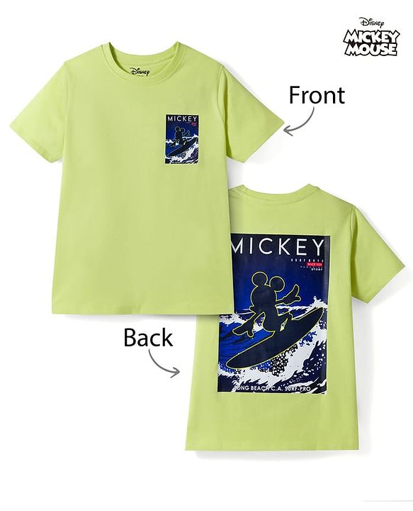 Pine Kids Disney 100% Cotton Knit Half Sleeves T-Shirt With Front & Back Mickey Mouse Graphic - Lime Green