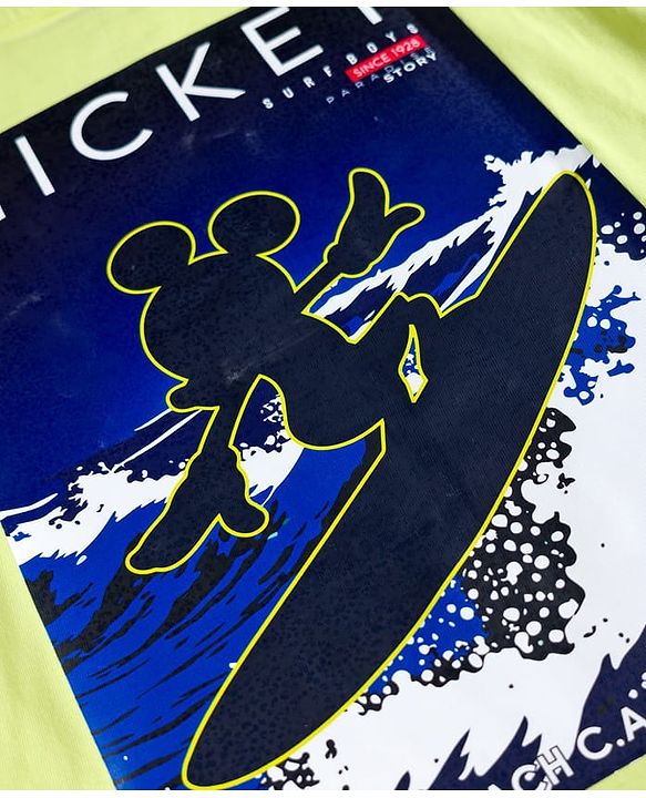 Pine Kids Disney 100% Cotton Knit Half Sleeves T-Shirt With Front & Back Mickey Mouse Graphic - Lime Green