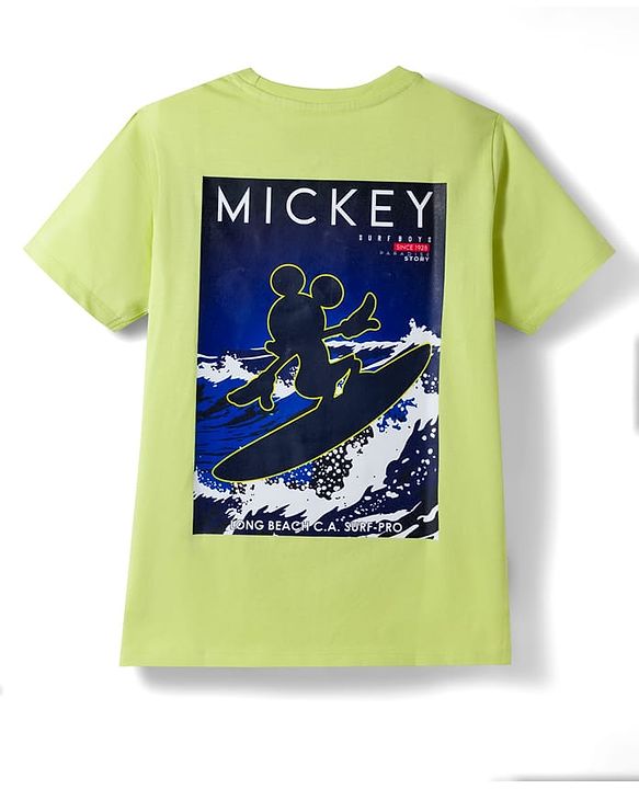 Pine Kids Disney 100% Cotton Knit Half Sleeves T-Shirt With Front & Back Mickey Mouse Graphic - Lime Green