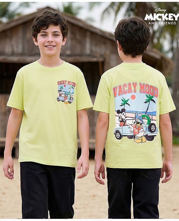 Pine Kids Disney Single Jersey Knit Half Sleeves T-Shirt With Vacay Mood Print - Lime Green