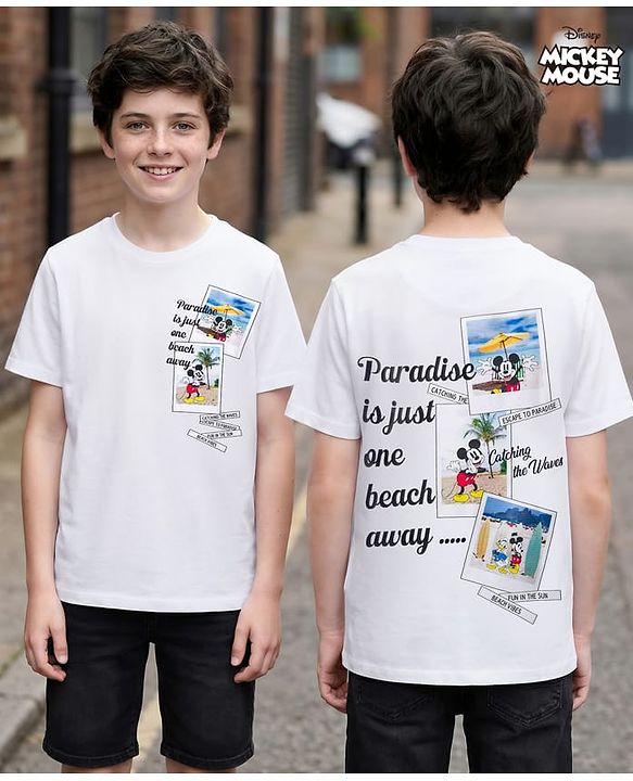Pine Kids Disney 100% Cotton Half Sleeves T-Shirt With Front & Back Mickey & Friends Graphic - White