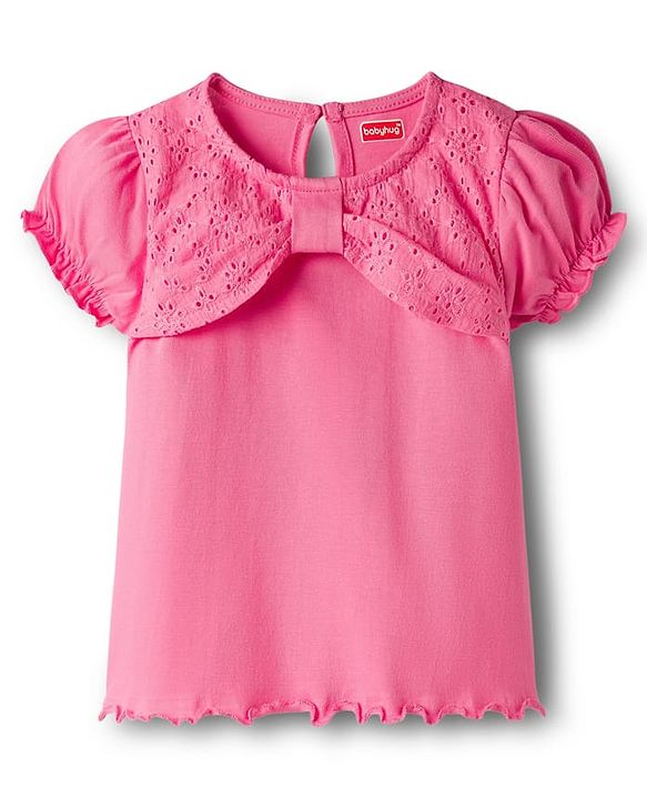 Babyhug 100% Cotton Knit Half Puff Sleeves Top With Embroidery - Pink
