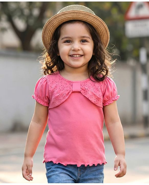Babyhug 100% Cotton Knit Half Puff Sleeves Top With Embroidery - Pink