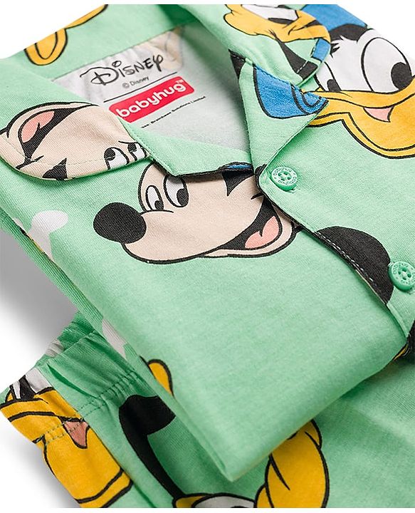 Babyhug Disney Single Jersey Knit Full Sleeves Co-ords Night Suit With Mickey & Friends Print - Light Green