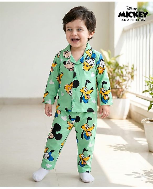 Babyhug Disney Single Jersey Knit Full Sleeves Co-ords Night Suit With Mickey & Friends Print - Light Green
