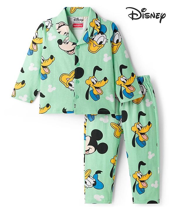 Babyhug Disney Single Jersey Knit Full Sleeves Co-ords Night Suit With Mickey & Friends Print - Light Green