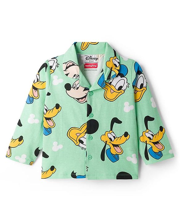 Babyhug Disney Single Jersey Knit Full Sleeves Co-ords Night Suit With Mickey & Friends Print - Light Green