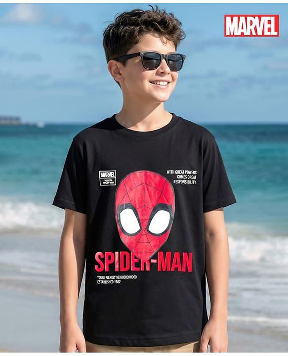 Pine Kids Marvel Single Jersey Knit Half Sleeves T-Shirt With Spider-Man Graphics - Black