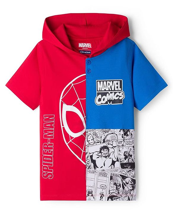 Pine Kids Marvel Terry Knit Half Sleeves Cut and Sew Hooded T-Shirt With Spider-Man Graphics - Multicolor