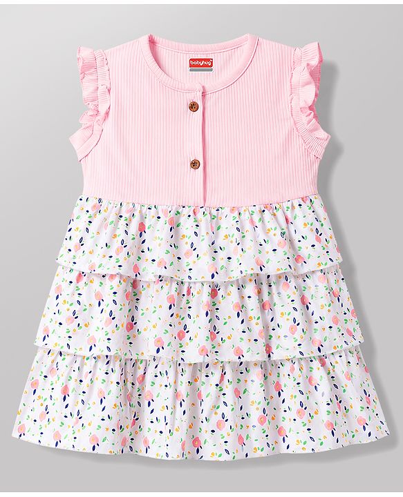 Babyhug 100% Cotton Knit Sleeveless Floral Printed Layered Frock - Pink
