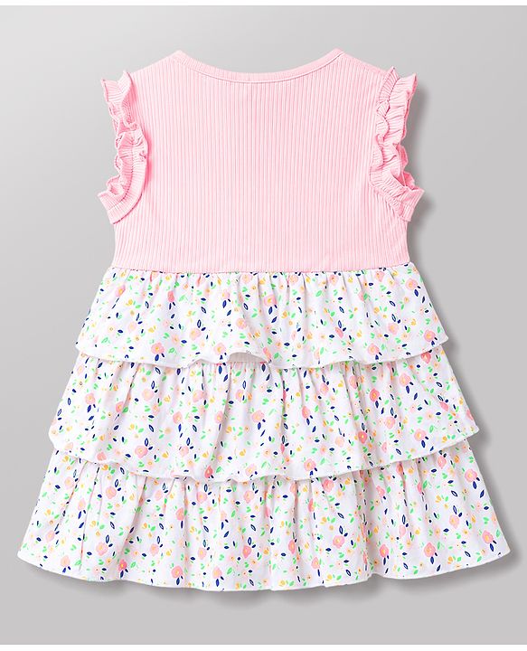 Babyhug 100% Cotton Knit Sleeveless Floral Printed Layered Frock - Pink