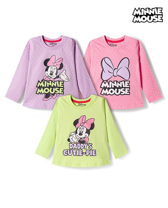 Babyhug Disney Single Jersey Knit Full Sleeves T-Shirts With Minnie Mouse Graphics Pack of 3 - Pink Purple & Green