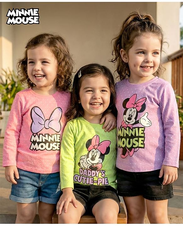 Babyhug Disney Single Jersey Knit Full Sleeves T-Shirts With Minnie Mouse Graphics Pack of 3 - Pink Purple & Green